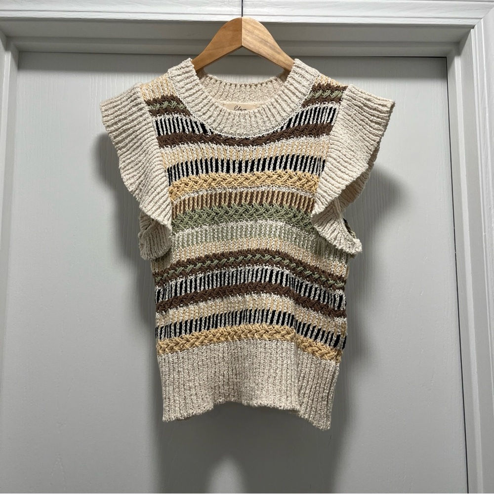 Elan Womens XS Pullover Sweater Top Ruffle Sleeveless Stripe Pullover
